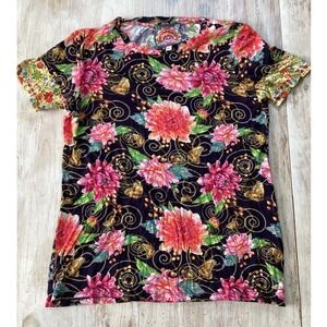 Johnny Was Floral Butterfly Bamboo Shirt Black Pink Women's Small Boho Colorful